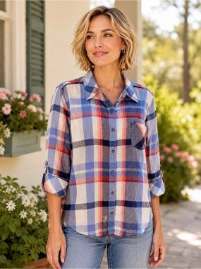 Blue Plaid Roll Tab Button Front Top